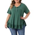 thumbnail image 1 of Agnes Orinda Plus Size T Shirts for Women Henley V Neck Button Up Short Sleeve Ruffled Hem Blouses Tops 2X Dark Green, 1 of 7