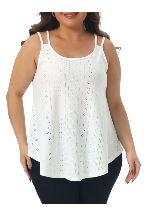 Plus Size Tank Tops for Women Eyelet Embroidery Sleeveless Spaghetti Strap Loose Fit Cami Tops 2X White