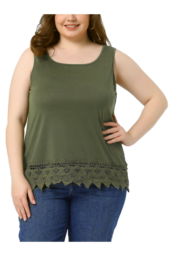 Plus Size Tank Tops for Women Round Neck Swing Lace Flowy Tops Blouse 3X Army Green