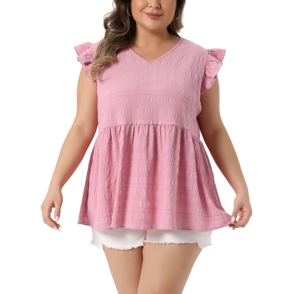 Agnes Orinda Women's Plus Size Valentines Day Textured Tops V Neck Ruffle Short Sleeve Babydoll Blouses Summer Casual Shirt 3X Pink