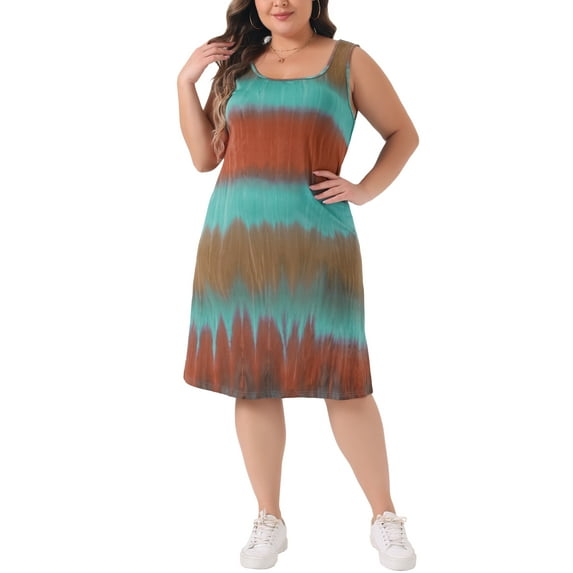 Agnes Orinda Plus Size Tie Dye Sleeveless Summer Dresses for Women Beach Tshirt Sundress Casual Loose Tank Dress 2X Blue Brown