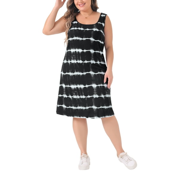 Agnes Orinda Plus Size Tie Dye Sleeveless Summer Dresses for Women Beach Tshirt Sundress Casual Loose Tank Dress 4X Black