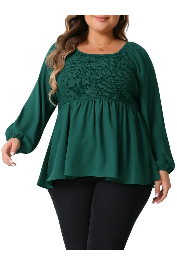 Women's Plus Size St. Patrick's Day Top Smocked Peplum Crew Neck Long Sleeve Babydoll Chiffon Blouses Tops 2X Green