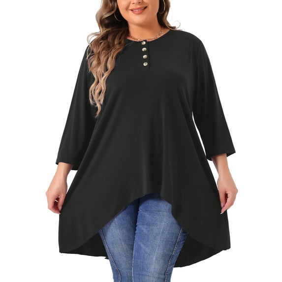 Agnes Orinda Plus Size Top for Women 3/4 Sleeve Buttons Crew Neck High Low Loose Fit Casual Tunic Tops Tee Shirts 1X Black