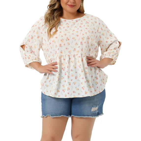 Agnes Orinda Plus Size Top for Women 3/4 Sleeve Cut Out Floral Blouses 4X White Red