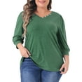 thumbnail image 1 of Plus Size Top for Women 3/4 Sleeve V Neck Button Decor Casual Solid Tees Shirts 1X Green, 1 of 6