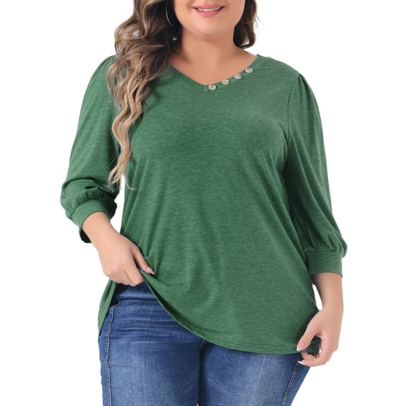 Plus Size Top for Women 3/4 Sleeve V Neck Button Decor Casual Solid Tees Shirts 1X Green