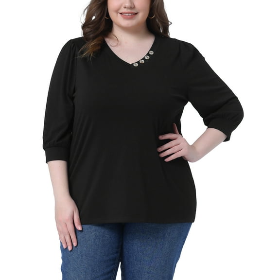 Plus Size Top for Women 3/4 Sleeve V Neck Button Decor Casual Solid Tees Shirts 3X Black
