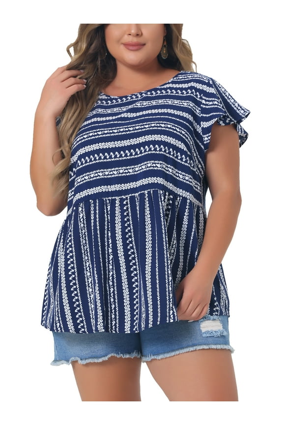 Plus Size Top for Women Boho Floral Printed Round Neck Ruffle Sleeve Blouses Shirts 2024 3X Dark Blue