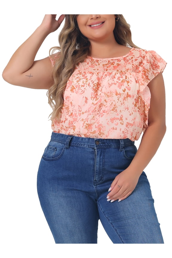 Plus Size Top for Women Boho Round Neck Ruffle Sleeve Blouse Top 2024