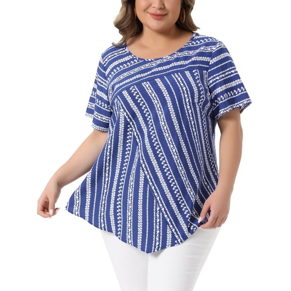 Agnes Orinda Women's Plus Size Top Crew Neck Short Sleeve Striped Blouse Dressy Casual Fashion T-shirt 2X Dark Blue