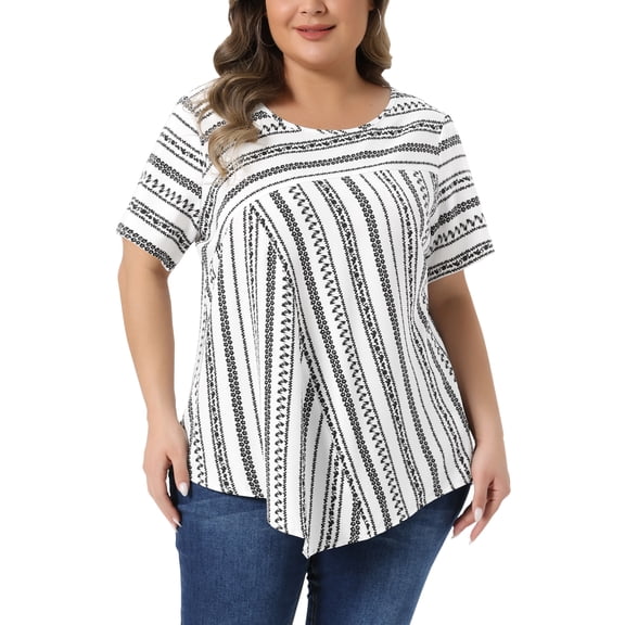 Agnes Orinda Women's Plus Size Top Crew Neck Short Sleeve Striped Blouse Dressy Casual Fashion T-shirt 4X White