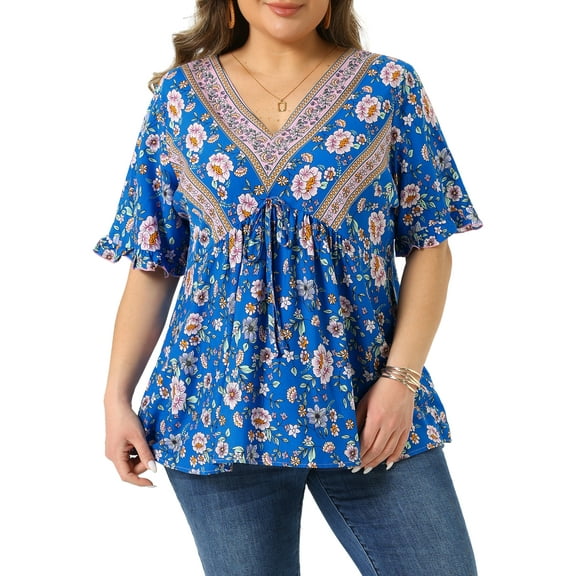 Agnes Orinda Women's Plus Size Top Floral Print V Neck Ruffled Short Sleeve Shirts Boho Pleated Casual Summer Flowy Blouses 2X Blue