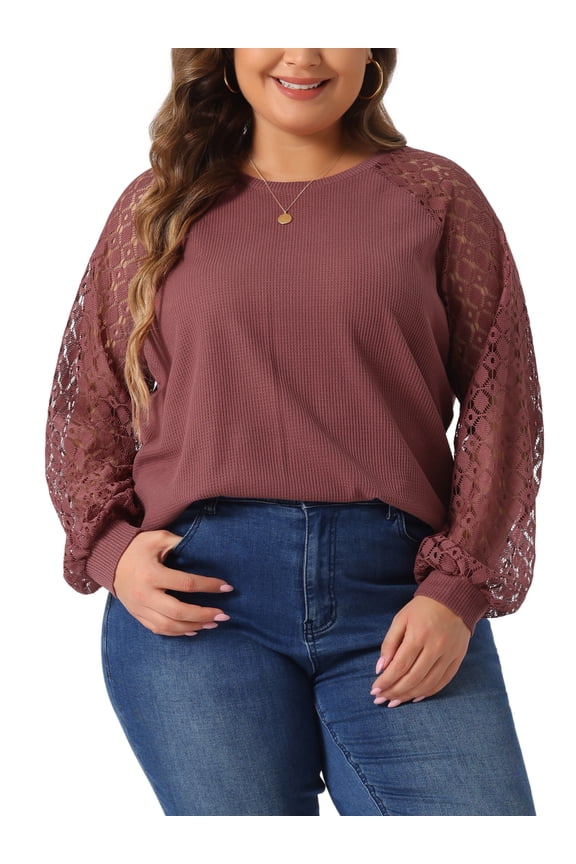 Women's Plus Size Tops Lace Crew Neck Long Sleeve Casual Loose Blouses T-Shirts 3X Purple Red
