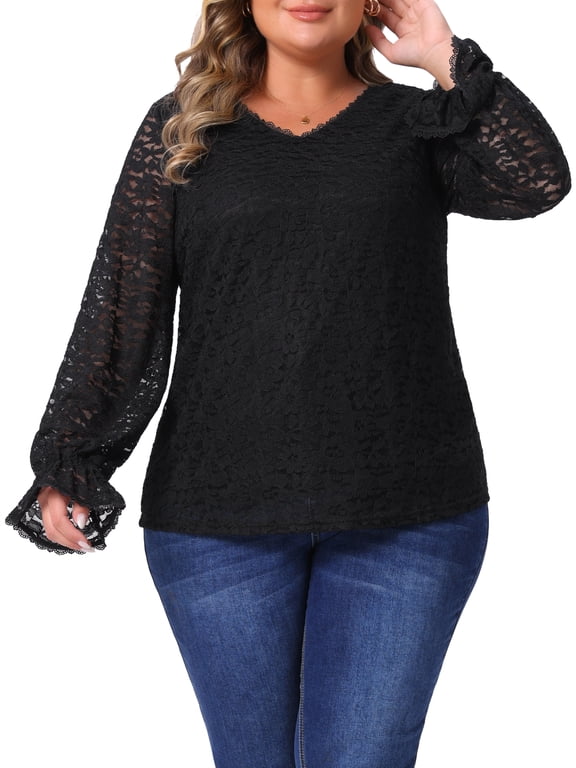 Women's Plus Size Top Floral Lace Double Layer V Neck Sheer Long Sleeve Dressy Casual Tunic Blouses 2X Black
