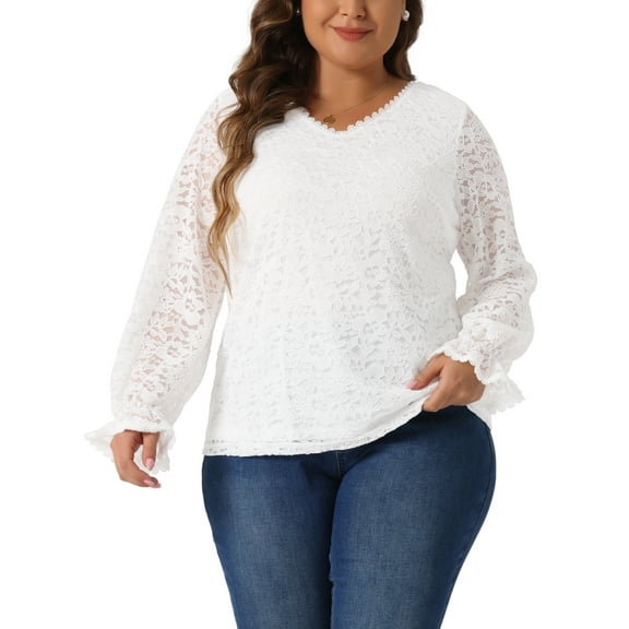 Agnes Orinda Women's Plus Size Top Floral Lace Double Layer V Neck Sheer Long Sleeve Dressy Casual Tunic Blouses 3X White