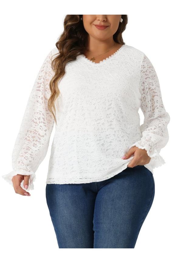 Women's Plus Size Top Floral Lace Double Layer V Neck Sheer Long Sleeve Dressy Casual Tunic Blouses 3X White