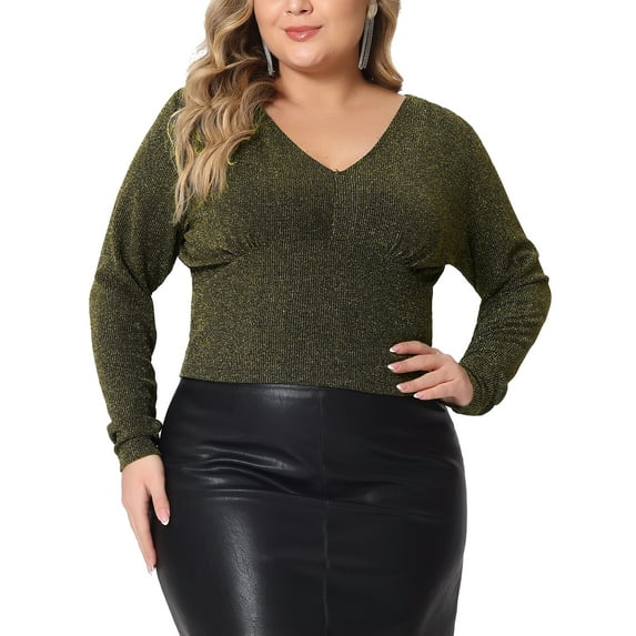 Agnes Orinda Women's Plus Size Top Metallic V Neck Long Sleeve T-Shirt Glitter Party Blouses Tee Tops 3X Gold