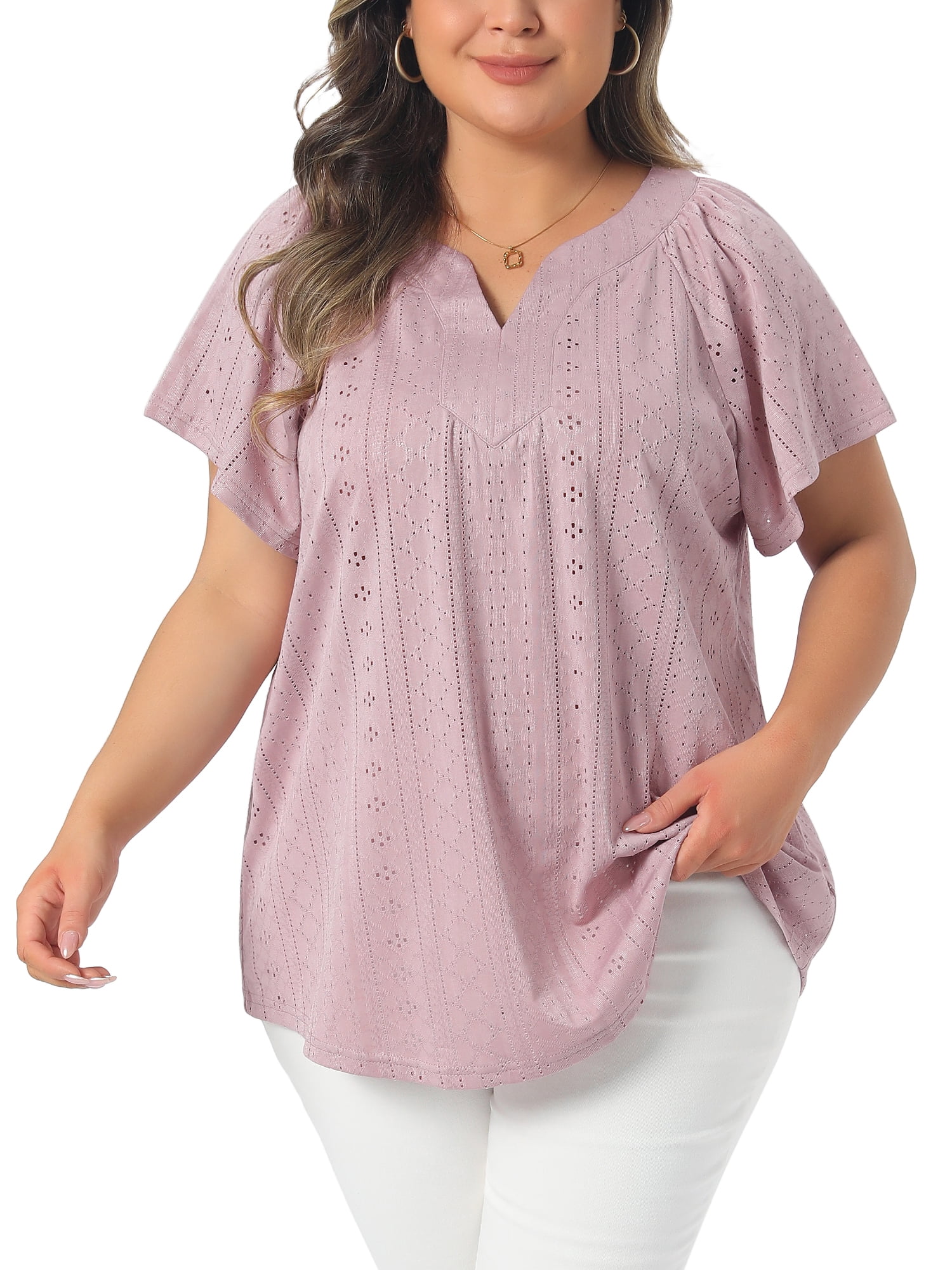 Agnes Orinda Plus Size Top for Women Notch V Neck Short Sleeve Eyelet ...