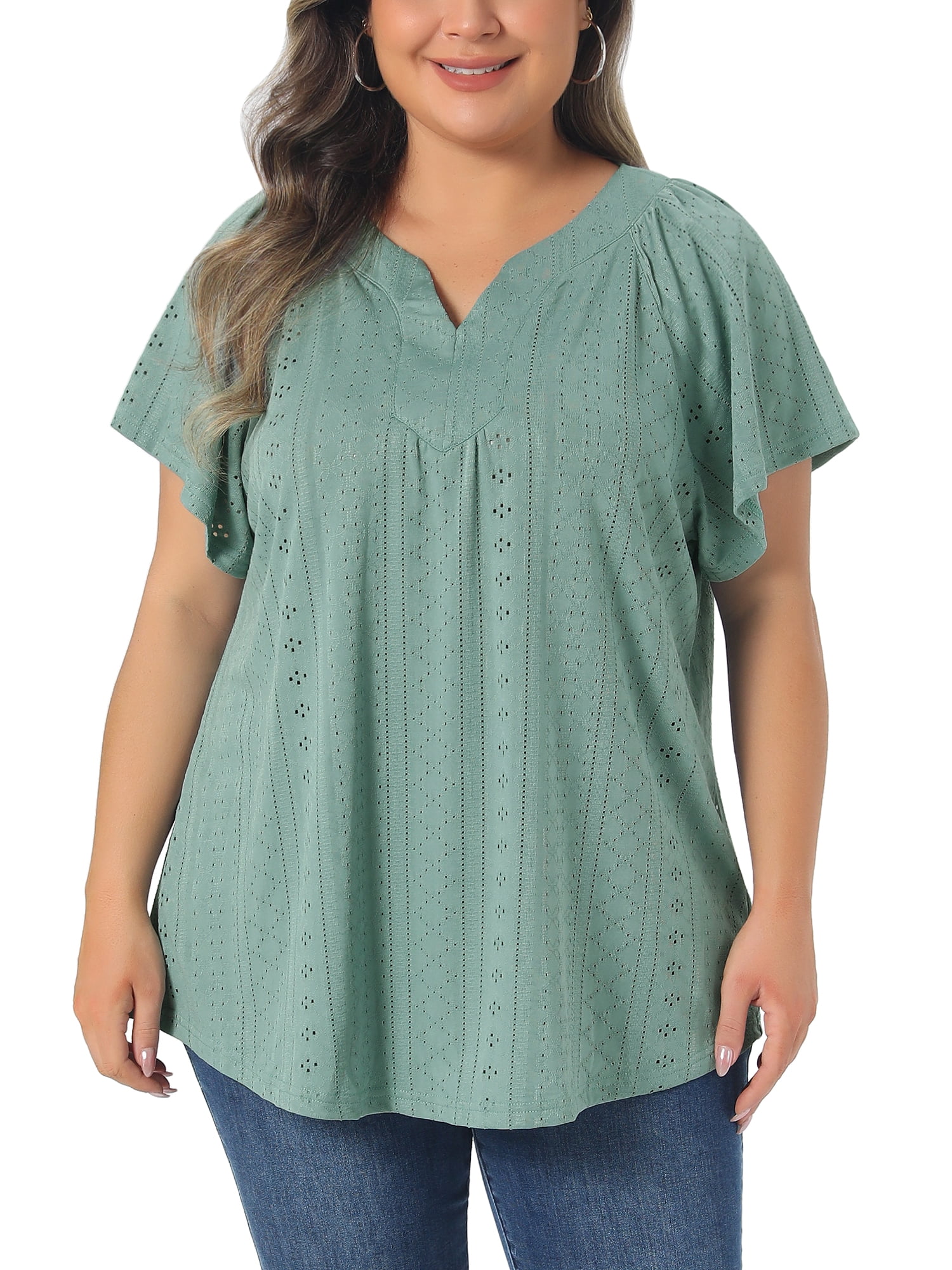 Agnes Orinda Plus Size Top for Women Notch V Neck Short Sleeve Eyelet ...