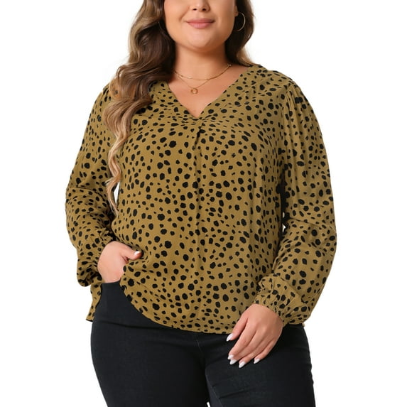 Agnes Orinda Plus Size Top for Women Polka Dot V Neck Long Sleeve 2024 Casual Work Business Blouse Shirts 4X Brown
