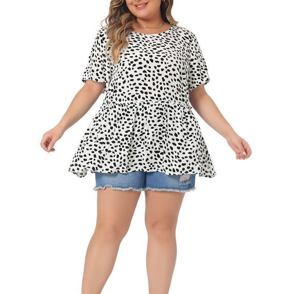 Agnes Orinda Plus Size Top for Women Polka Dots Crew Neck Short Sleeve Peplum Tops Shirts 1X White