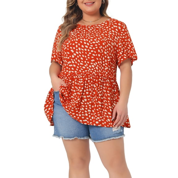 Agnes Orinda Plus Size Top for Women Polka Dots Crew Neck Short Sleeve Peplum Tops Shirts 4X Orange