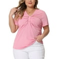 thumbnail image 1 of Agnes Orinda Plus Size Top for Women Ribbed Knit CutOut Twist Knot Neckline Short Sleeve Tee Shirt 3X Pink, 1 of 5