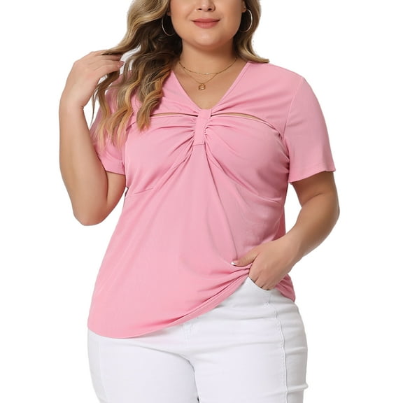 Agnes Orinda Plus Size Top for Women Ribbed Knit CutOut Twist Knot Neckline Short Sleeve Tee Shirt 3X Pink