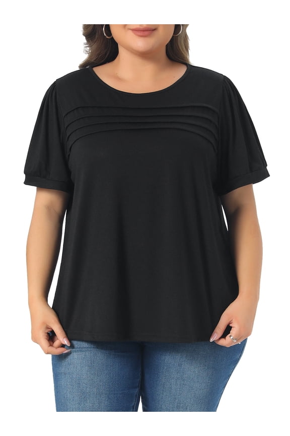 Women's Plus Size Top Crew Neck Short Sleeve t Shirts Flowy Pleated Dressy Casual Tunic Blouses 1X Black