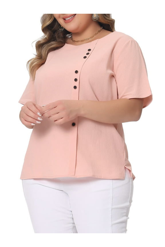 Plus Size Top for Women Short Sleeve Crew Neck Cotton Linen Blouses Top t Shirt 3X Pink