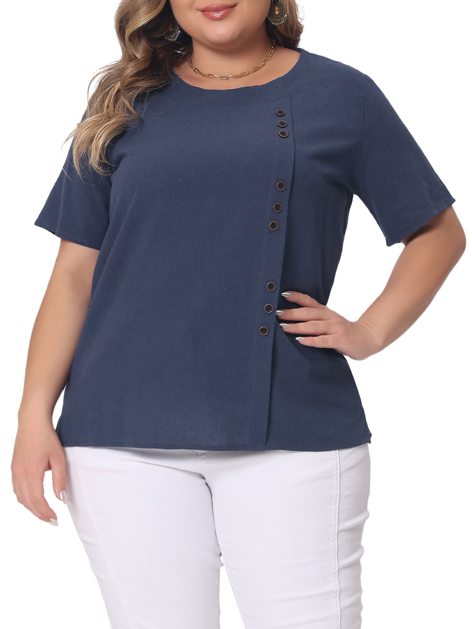 Agnes Orinda Women's Plus Size Top Short Sleeve Crew Neck Cotton Linen ...