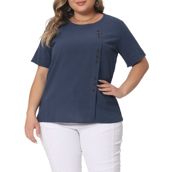Plus Size Top for Women Short Sleeve Crew Neck Cotton Linen Blouses Top t Shirt 1X Navy Blue