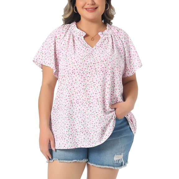Agnes Orinda Women's Plus Size School College Easter Tops Floral Print Shirt Ruffle Notch V Neck Short Sleeve Dressy Casual Summer Blouse 1X Pink