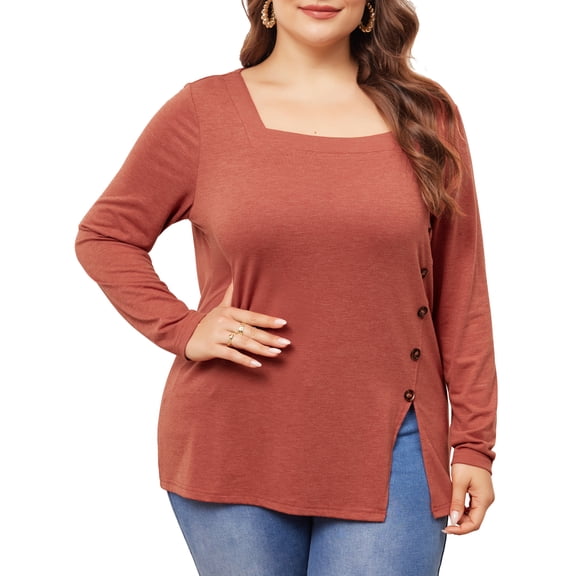 Agnes Orinda Plus Size Top for Women Side Button Square Neck Long Sleeve Casual Tunic Blouse 3X Red Brown
