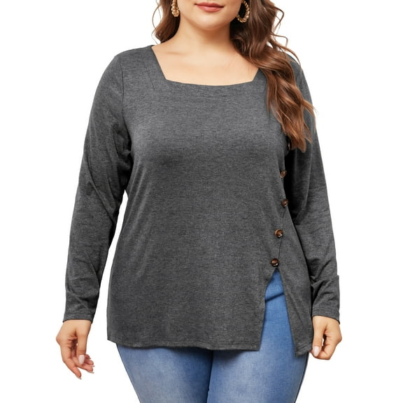 Agnes Orinda Plus Size Top for Women Side Button Square Neck Long Sleeve Casual Tunic Blouse 4X Grey