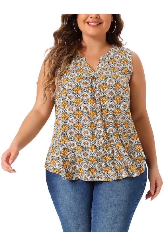 Plus Size Top for Women Sleeveless Floral Print V Neck Tunic Tank Tops Blouse Shirts 1X Brown