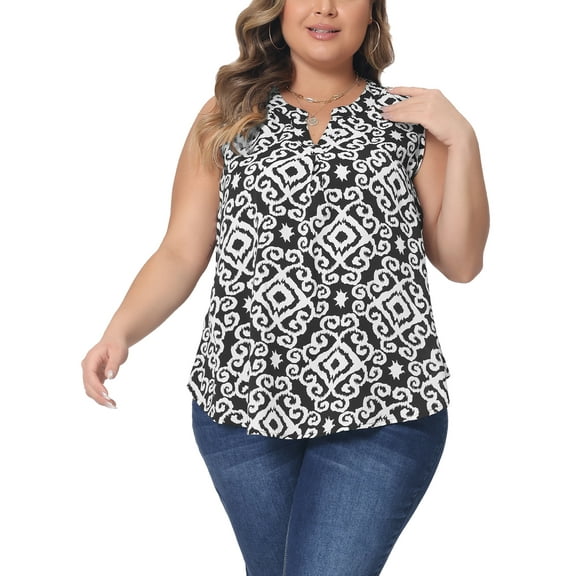 Plus Size Top for Women Sleeveless Floral Print V Neck Tunic Tank Tops Blouse Shirts 2X Black