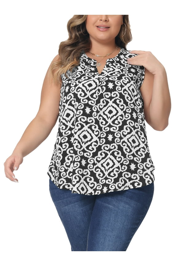 Plus Size Top for Women Sleeveless Floral Print V Neck Tunic Tank Tops Blouse Shirts 2X Black
