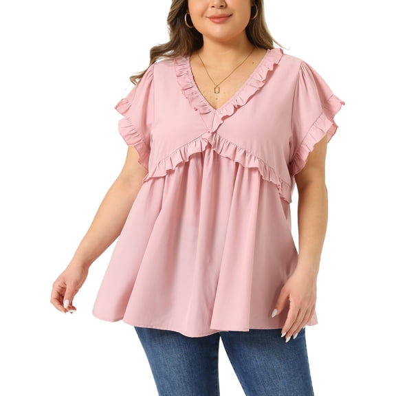 Agnes Orinda Women's Plus Size Valentines Day Top Ruffle Trim V Neck Short Sleeve Casual Summer Cute Babydoll Blouses 3X Pink
