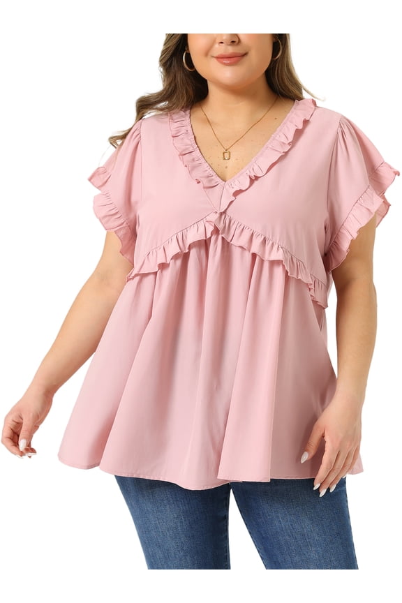 Women's Plus Size Easter Top Ruffle Trim V Neck Short Sleeve Casual Summer Cute Babydoll Blouses 3X Pink
