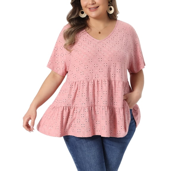 Agnes Orinda Women's Plus Size Valentines Day Top Eyelet Cutout Layered V Neck Short Sleeve Shirts Flowy Casual Summer Babydoll Blouses 2X Pink