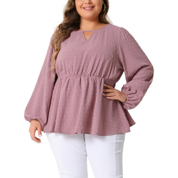 Agnes Orinda Plus Size Top for Women Textured Keyhole Cut Out Long Sleeve Swiss Dots Babydoll Peplum Blouse 2X Pink