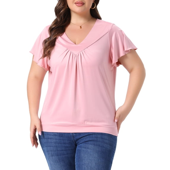 Agnes Orinda Plus Size Top for Women V Neck Ruffle Short Sleeve T Shirt Summer Tee Tops 1X Pink