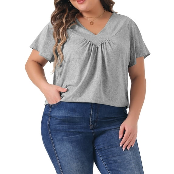Agnes Orinda Plus Size Top for Women V Neck Ruffle Short Sleeve T Shirt Summer Tee Tops