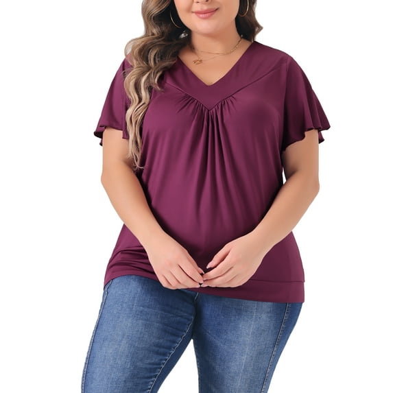 Agnes Orinda Plus Size Top for Women V Neck Ruffle Short Sleeve T Shirt Summer Tee Tops