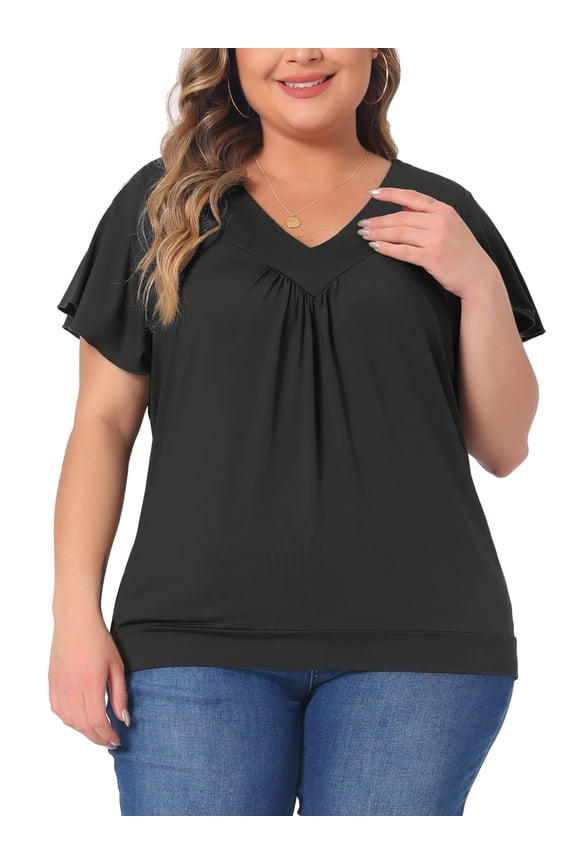 Plus Size Top for Women V Neck Ruffle Short Sleeve T Shirt Summer Tee Tops 4X Black