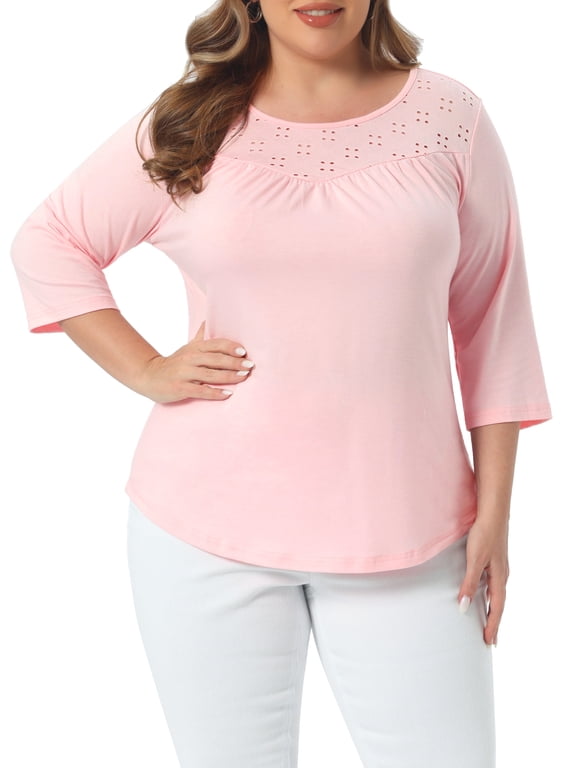 Women's Plus Size Easter Tops Curvy Women 3/4 Sleeve Crochet Lace Detail Blouse Top Tunic Flowy Casual Shirt 2X Pink