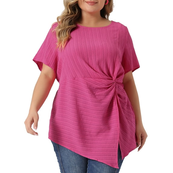 Agnes Orinda Plus Size Tops for Women Asymmetrical Hem Round Neck Short Sleeve Twist Knot T Shirt Top 1X Hot Pink