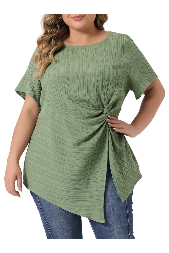 Plus Size Tops for Women Asymmetrical Hem Round Neck Short Sleeve Twist Knot T Shirt Top 2X Green